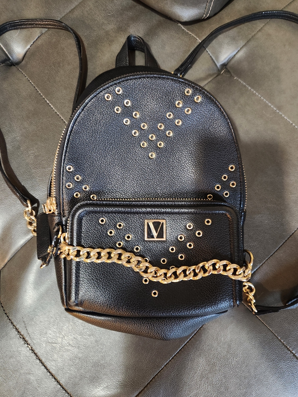 Victoria's Secret Black Mini Backpack with Gold Studs & Chain - Picture 3 of 13